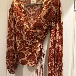 Posse Women's Floral Wrap Top - Red and Cream